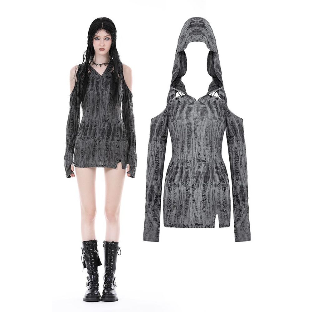 Dark in Love - Punk ragged sexy shoulder hooded Haut long - Gris